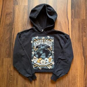 Nature Lover Graphic Hoodie M Black Cropped Sweatshirt Earth Floral Butterfly